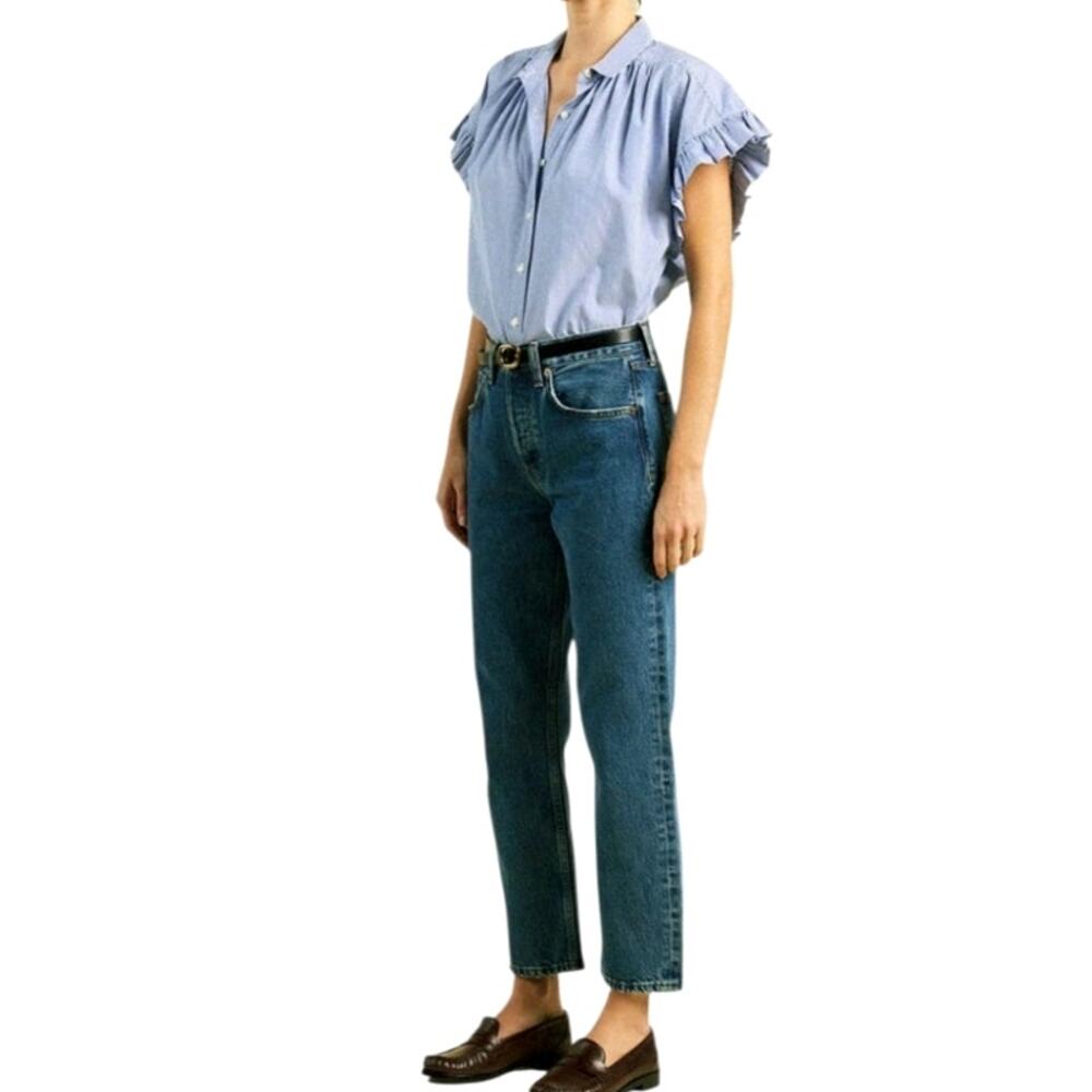 Travota Marianne NWT Birds of Paradise Button Ruffle Shirt Blue White Cotton XS - Picture 4 of 14